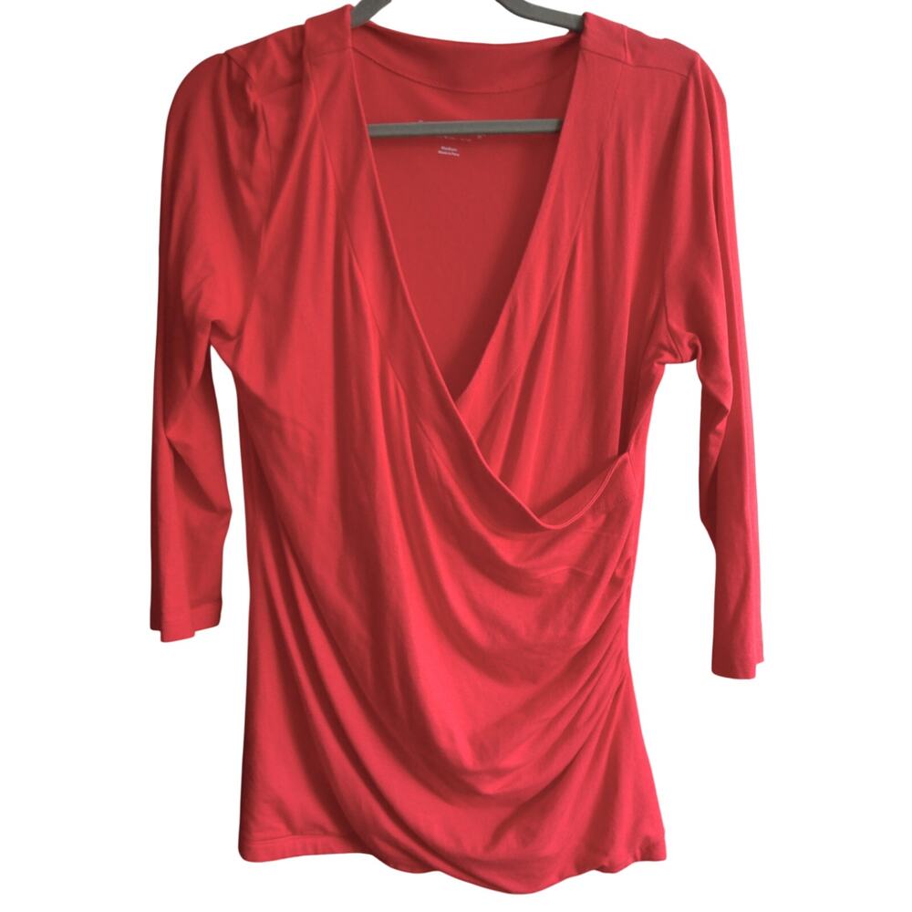 Soft Surroundings Red Ruched Wrap Blouse Top 3/4 Sleeve Medium Modal Pima Cotton